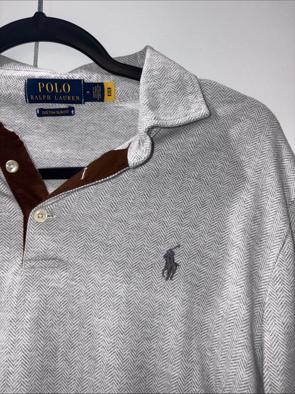 Polo by Ralph Lauren Light Gray Long-Sleeve Polo with Brown Placket
